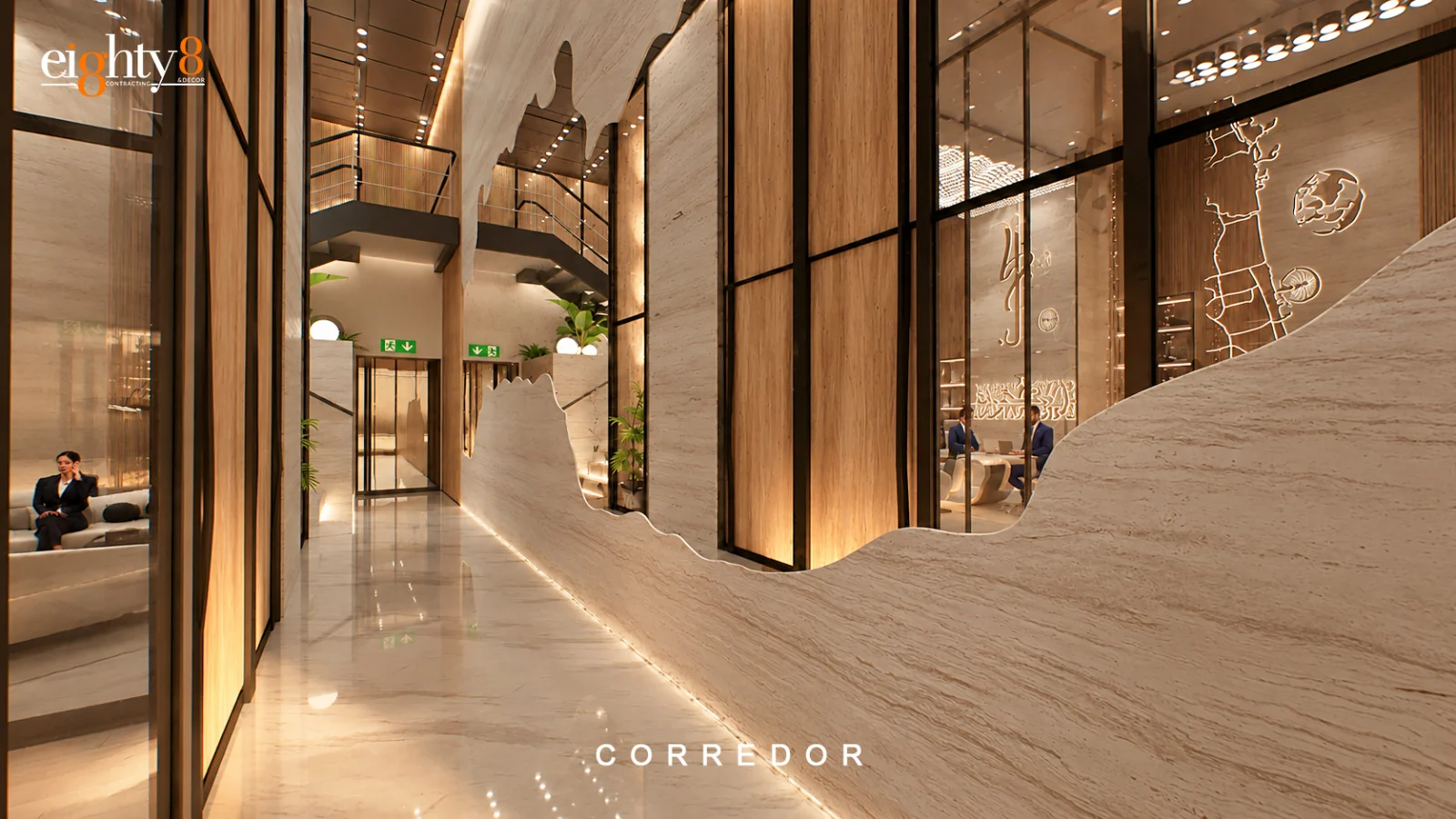 A corridor with a sculpted marble wall and warm lighting