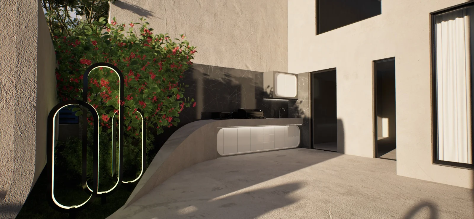 Outdoor seating design with planting and natural materials