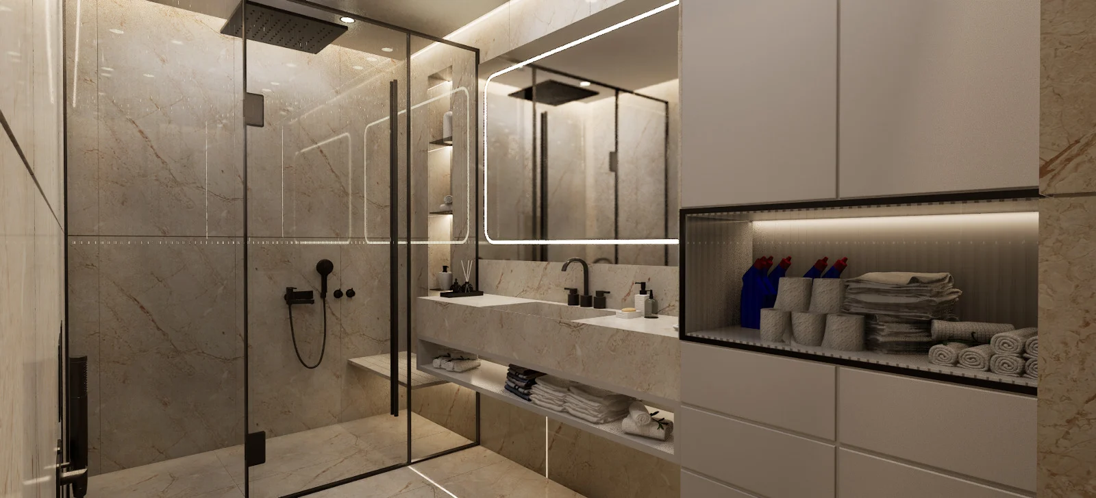 A marble master bathroom